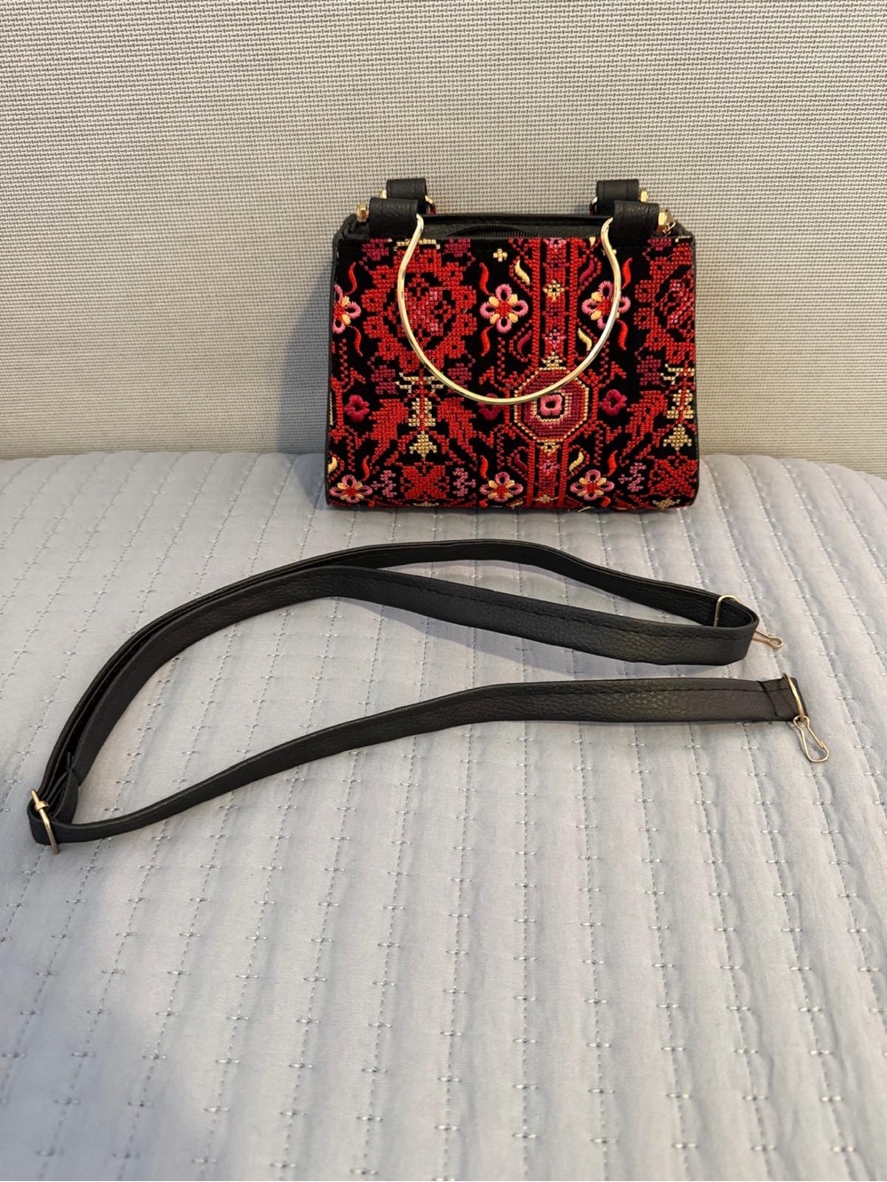 Embroidered Red and Black Floral Top-Handle Bag